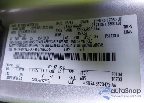 2015 Ford F-150 Xlt z USA, uszkodzony, nr VIN 1FTFW1EFXFKE18655